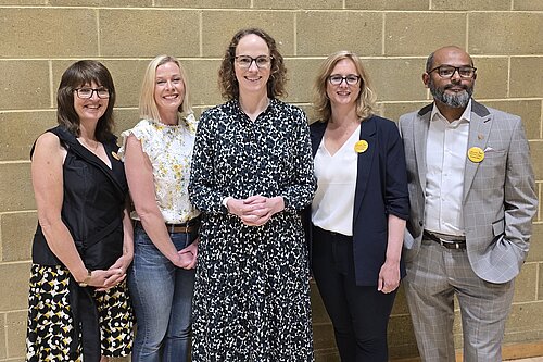 New Liberal Democrat Councillors Jane, Erika, Kirsten and Billah with Alison Bennett MP, at the by election count