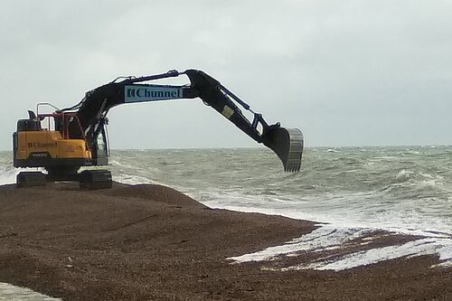 Chunnel digger doing beach replenishment works on Sandgate beach