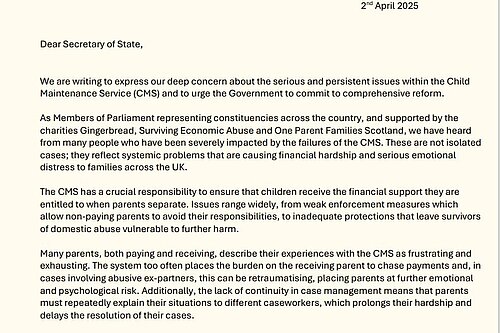 Picture of start of Ian Sollom's letter to Liz Kendall about the Child Maintenance Service