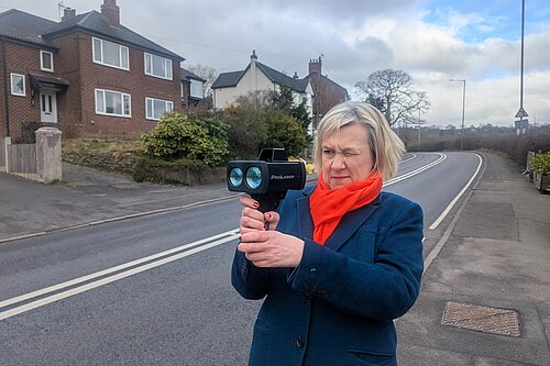 Lisa Smart MP with a mobile speed camera on Strines Road