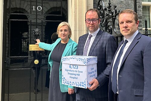 Lisa Smart MP, Cllr Mark Roberts & Tom Morrison MP delivering the petition to Downing St