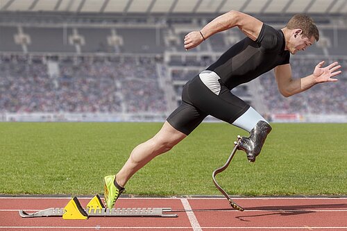 A sprinter with a prosthetic leg.