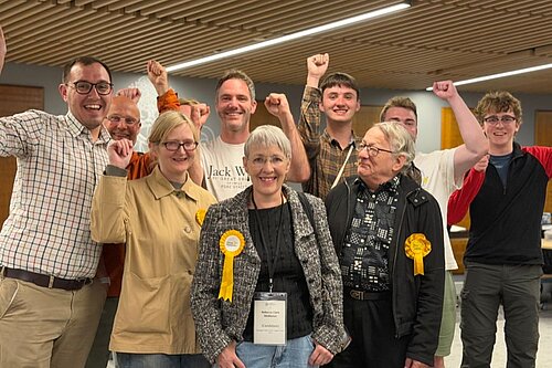 Lib Dems including Tom Gordon and Rebecca McManus celebrating 