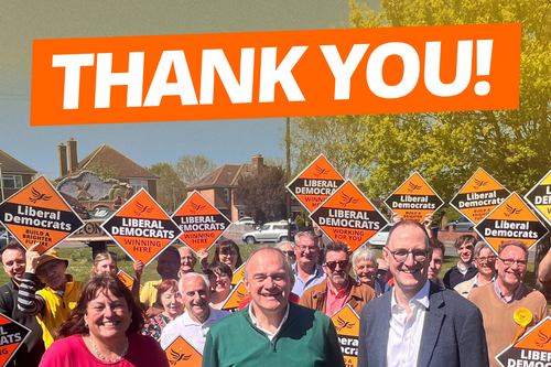A graphic reading "Thank You", with Lib Dem activists celebrating. Additional text reads "Lib Dems become the largest party on HDC" and "Most LDs ever elected in Huntingdonshire".