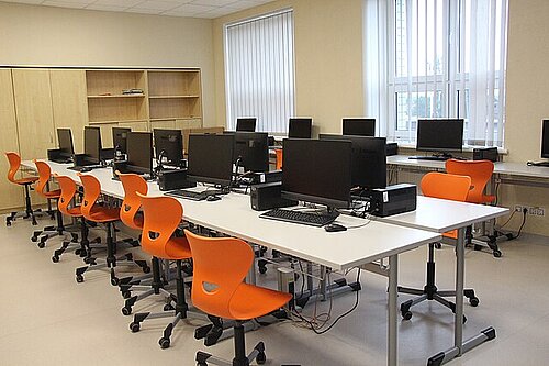 desks in a school classroom