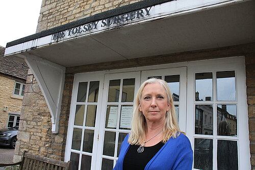 Roz outside Sherston Surgery