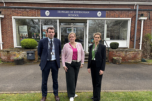 Zoe Franklin, Mr Baker and Ms Lee outside The Howard of Effingham School