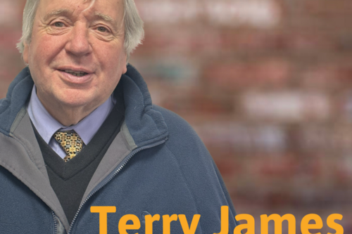 A photo of a man looking at the camera. Text reads "Terry James"