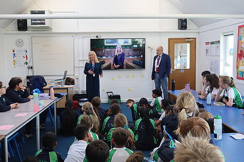 Roz Savage MP and Cllr Nick Dye talking at Cricklade Manor Prep School