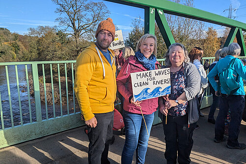 Lisa Smart MP, with Council Leader Mark Roberts and Councillor Angie Roberts on a sewage protest walk in Romiley 