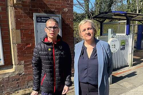 Campaigner Nathaniel Yates with Liberal Democrat MP Lisa Smart MP at Woodley Station