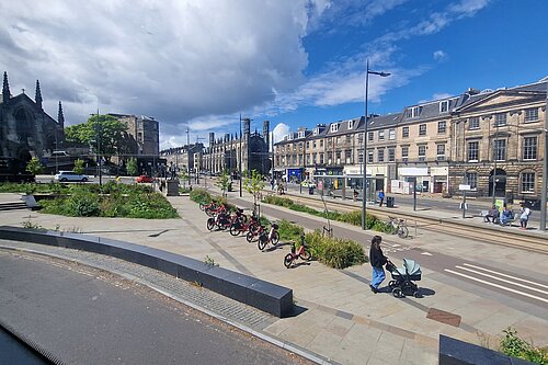 Picardy Place on a sunny day with green plants and blue skies