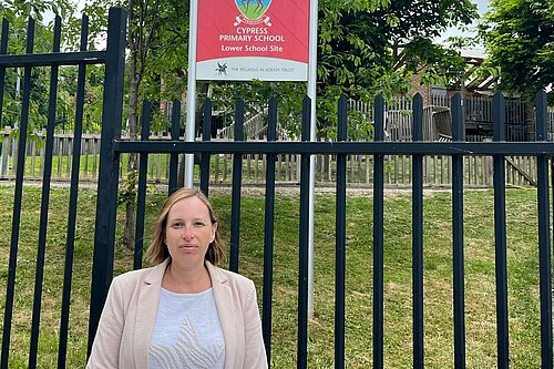 Cllr Claire Bonham outside Cypress Primary School