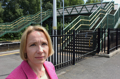 Helen Morgan MP at Whitchurch railway station