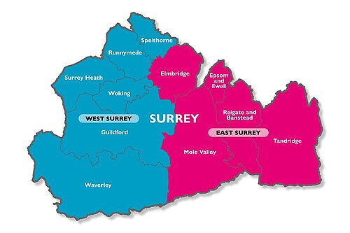 Map of Surrey showing two new unitary authorities