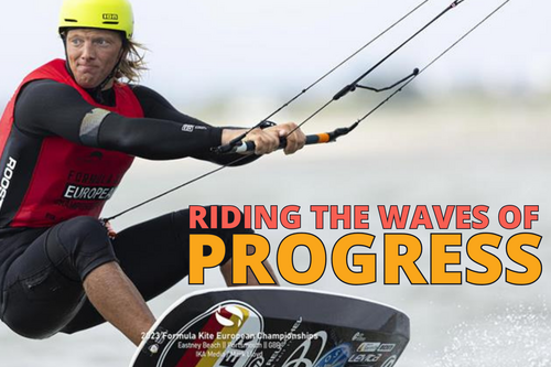 A participant at the 2023 Formula Kite Championships in Eastney with the text 'Riding the Waves of Progress'