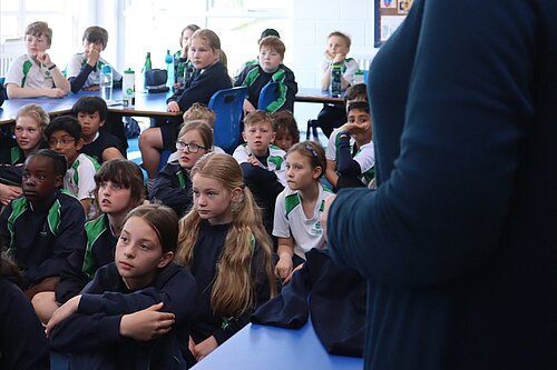 School children listening to Roz Savage