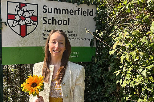 Cllr Clare Tevlin outside Summerfield School