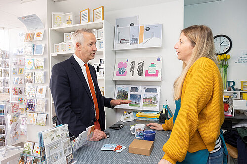 Gideon Amos visits businesses in Taunton and Wellington