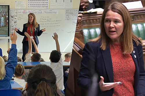 Two photos - Vikki in a school (left) and Vikki speaking in the House of Commons (right)