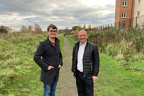 Cllrs Aldridge and Thornley at the Torwood path, a narrow path in need of resurfacing.