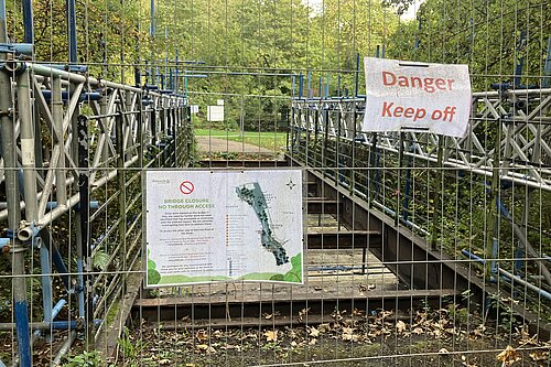 Fenced off broken bridge in Jesmond Dene