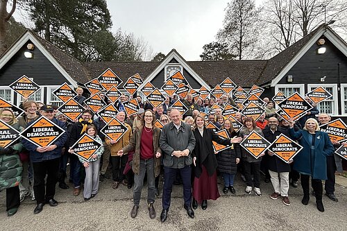 Sir Ed Davey MP, Alison Bennett MP, Jess Brown-Fuller MP in Haywards Heath with Volunteers holding Lib Dem Diamonds