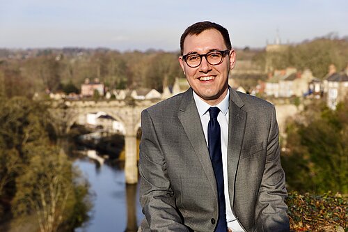 Tom Gordon sat at Knaresborough castle overlooking the Nidd and Knaresborough viaduct
