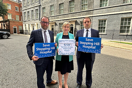 Council leader Mark Roberts, Lisa Smart MP and Tom Morrison MP present the Stepping Hill petition to Downing Street