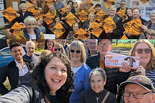 The top photo shows a crowd of people, all holding Liberal Democrat yellow diamonds. MP Daisy Cooper is stood at the front, smiling towards the camera. The bottom photo is a selfie taken by MP Victoria Collins, who is surrounded by a group of people. One man standing to her left (Paul de Kort) is holding up some Liberal Democrat leaflets.