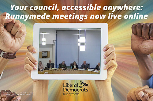 Picture of councilors and officers at a Runnymede Council meeting in the chamber