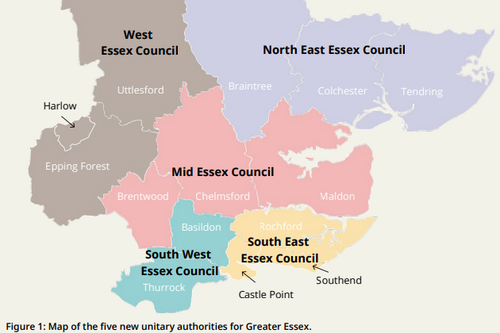 Map of the five new unitary authorities for Greater Essex