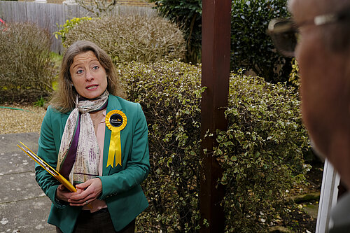 Helen Maguire speaking to local residents on doorstep