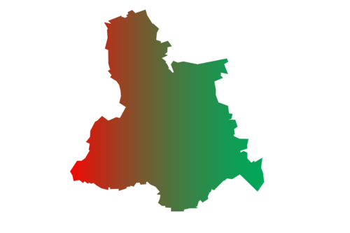 A map of Lewisham shaded from Labour Party red to Green Party green