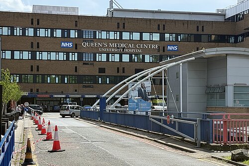 Picture shows the Queens Medical Centre main entrance in Nottingham