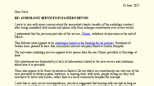 A letter from Richard Foord MP to Steve Moore regarding audiology services