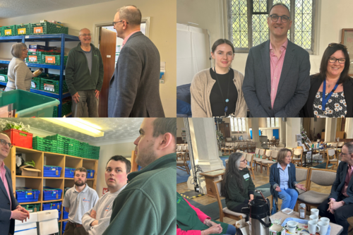 A compilation of four photos of Ian Sollom visiting St Neots Foodbank and engaging with people from local organisations and charities