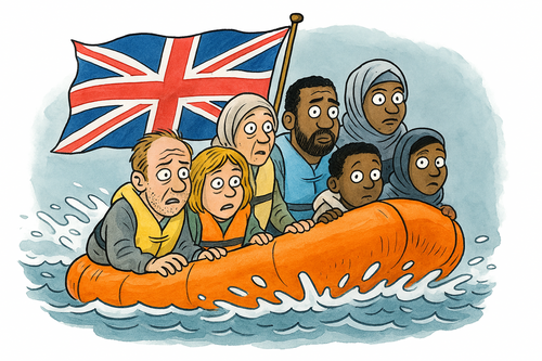 Cartoon of an overloaded rubber dingy 