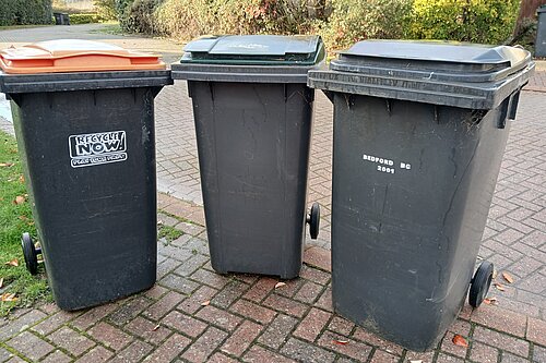 Three different waste bins for Bedford Borough
