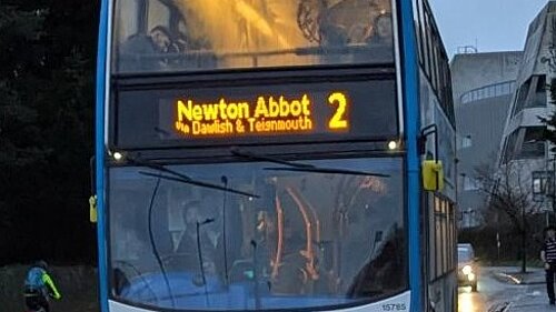 A picture of a stagecoach double-decker bus.