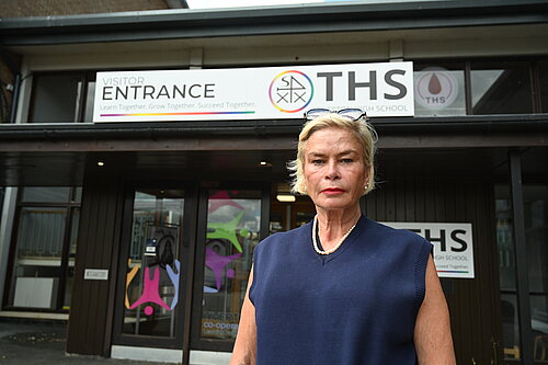 Rachel in front of Tiverton High School