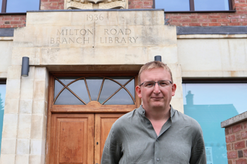 Jamie in front of Milton Road Library