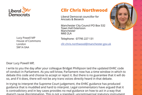Screenshot of letter to Lucy Powell MP from Cllr Chris Northwood