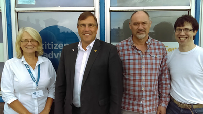 Martin Wrigley with Citizens Advice staff Lynne Baker, Martin Wrigley, Vincent Wilson, Iain Hutchison
